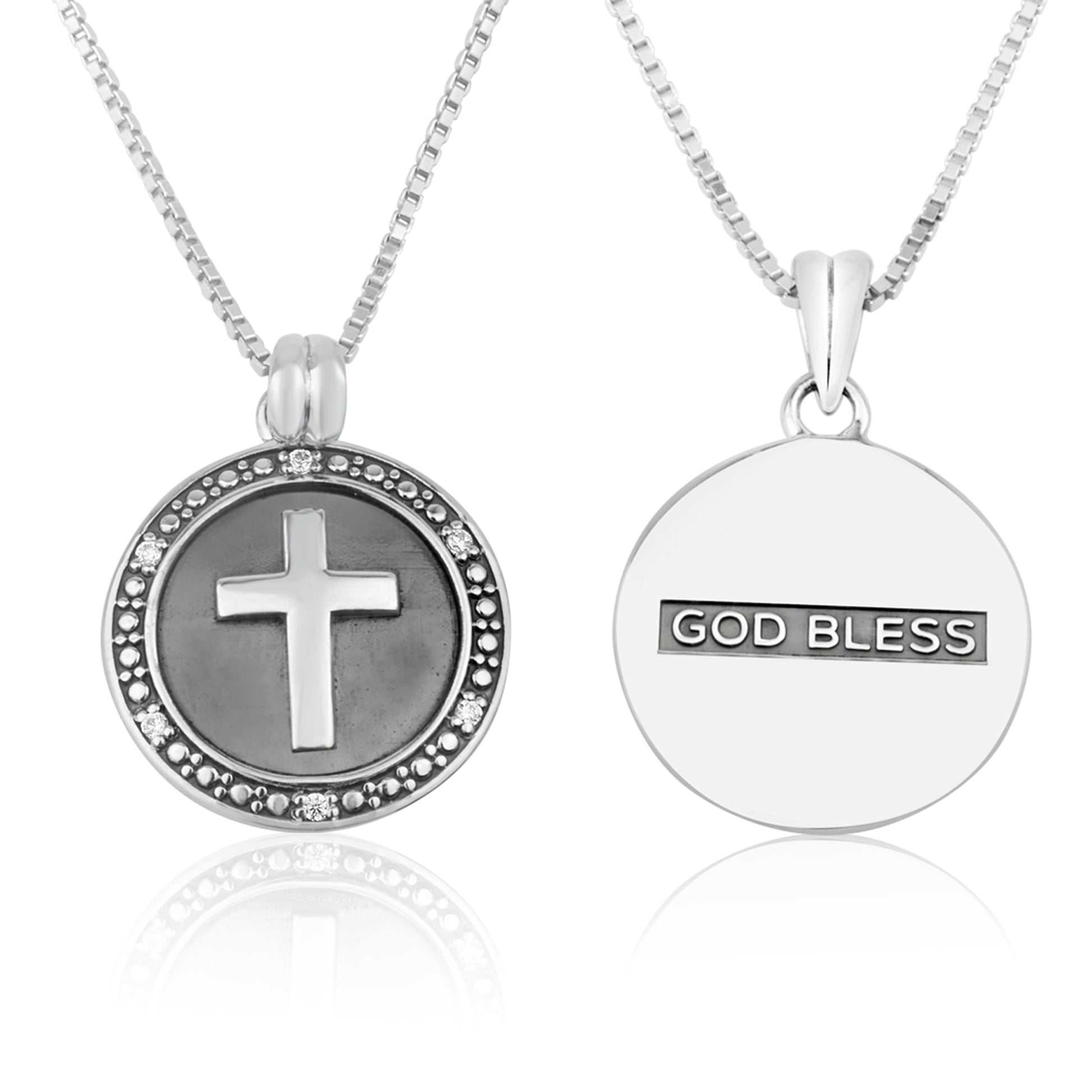 Cross God Bless CZ Coin Pendant Necklace - Sterling Silver 925, Holy Land - Marina Jewelry Holy Land