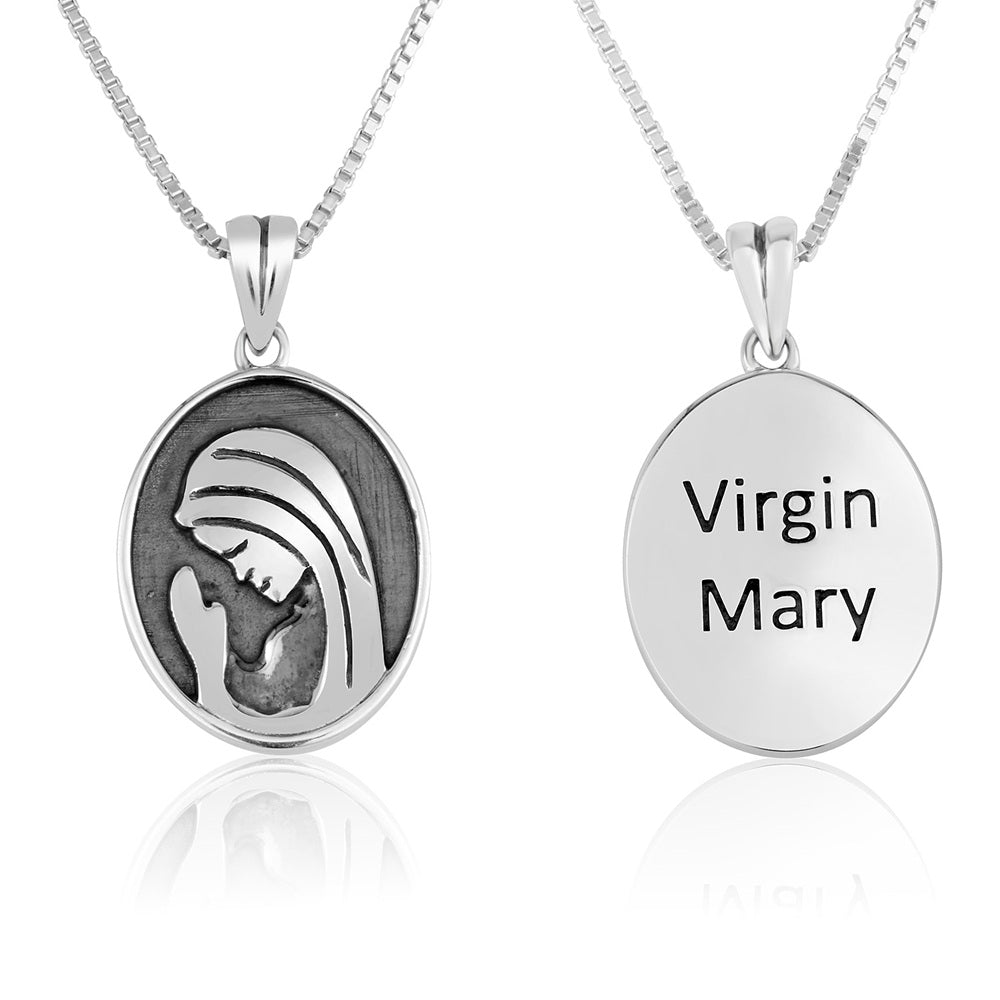 Virgin Mary Profile Oval Pendant Necklace - Sterling Silver 925, Holy Land - Marina Jewelry Holy Land