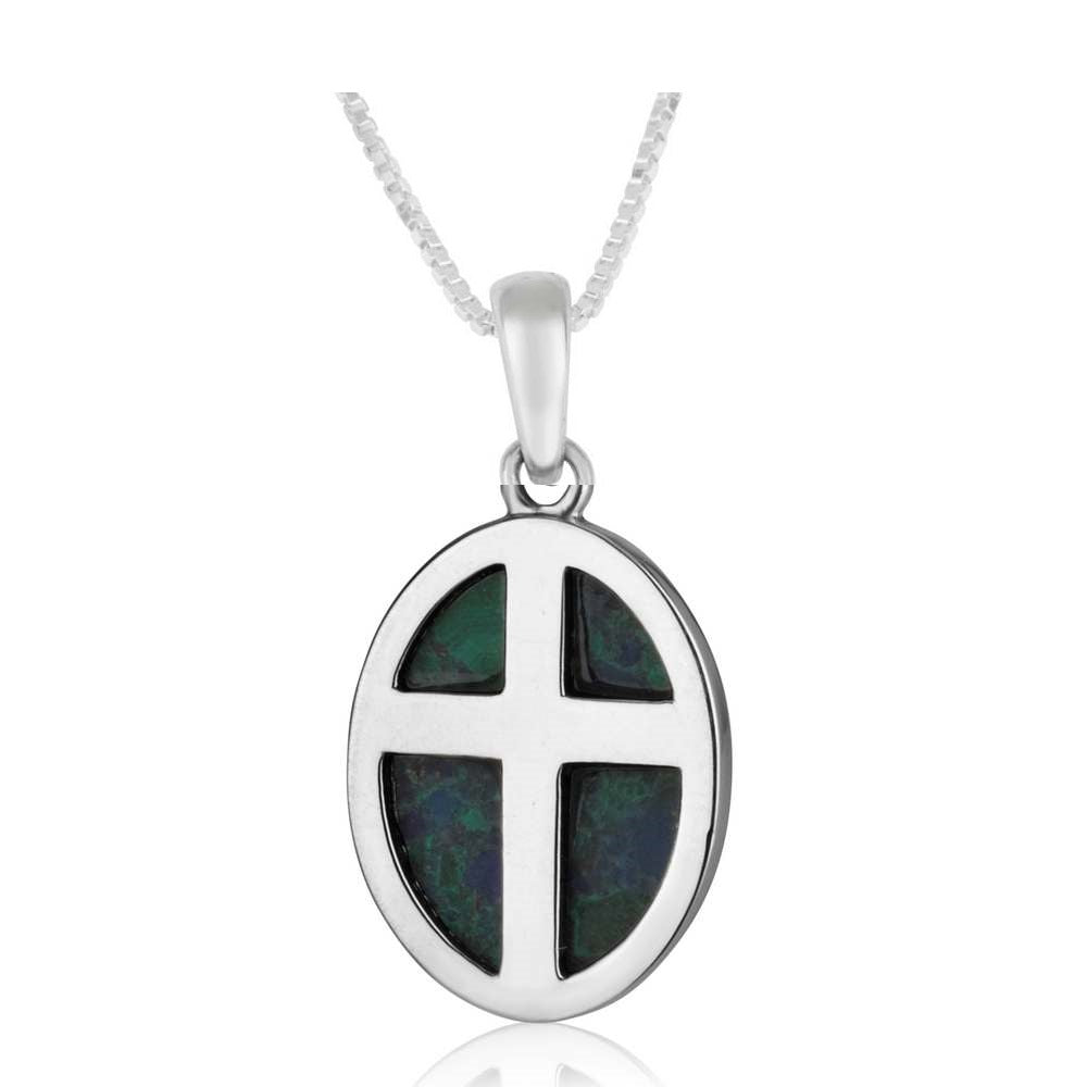 Eilat Stone Cross Oval Pendant Necklace - Sterling Silver 925, Holy Land - Marina Jewelry Holy Land