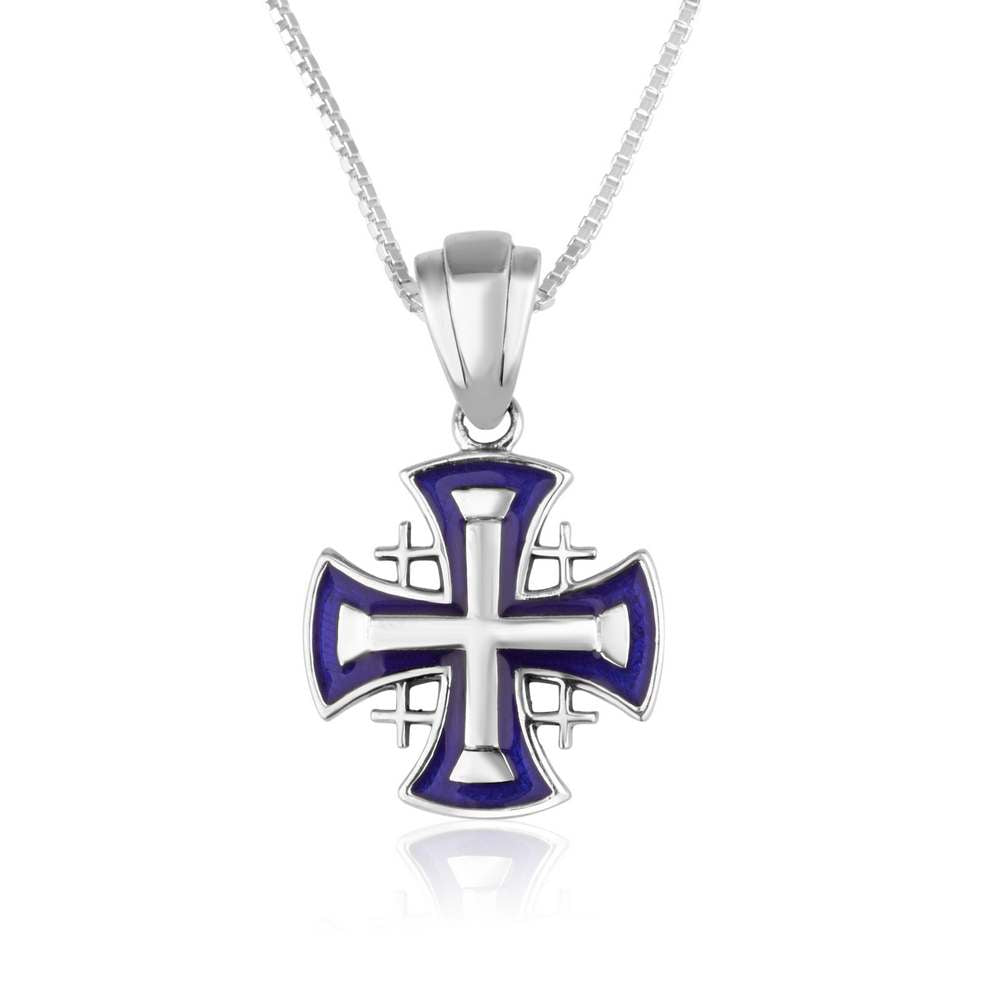 Jerusalem Engraved Cross Silver Blue Enamel Handmade Pendant Jewelry Holy Land - Marina Jewelry Holy Land