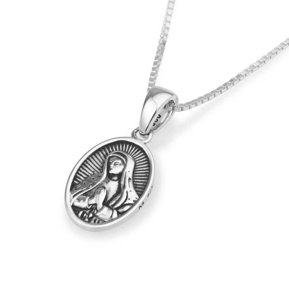 Virgin Mary Oval Medallion Pendant Necklace — Sterling Silver — Marina Jewelry Holy Land