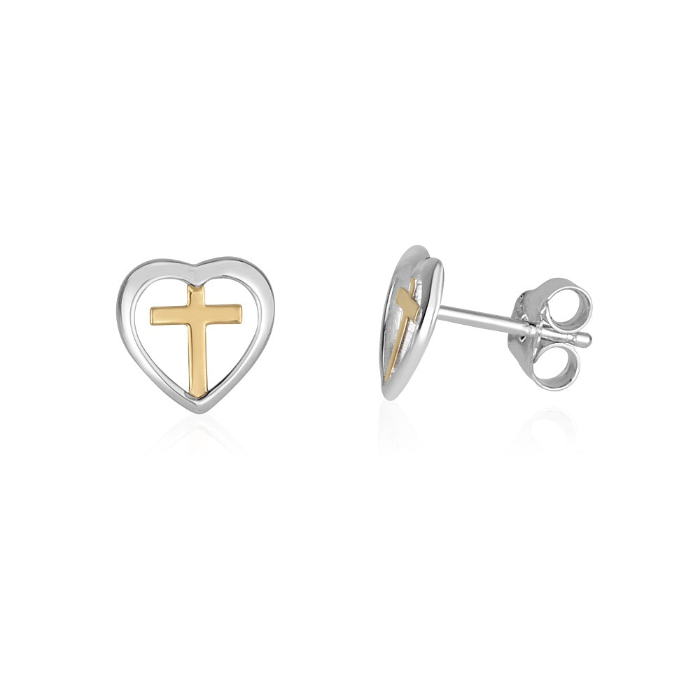 Two-tone silver heart gold cross stud earrings sterling silver — Marina Jewelry Holy Land