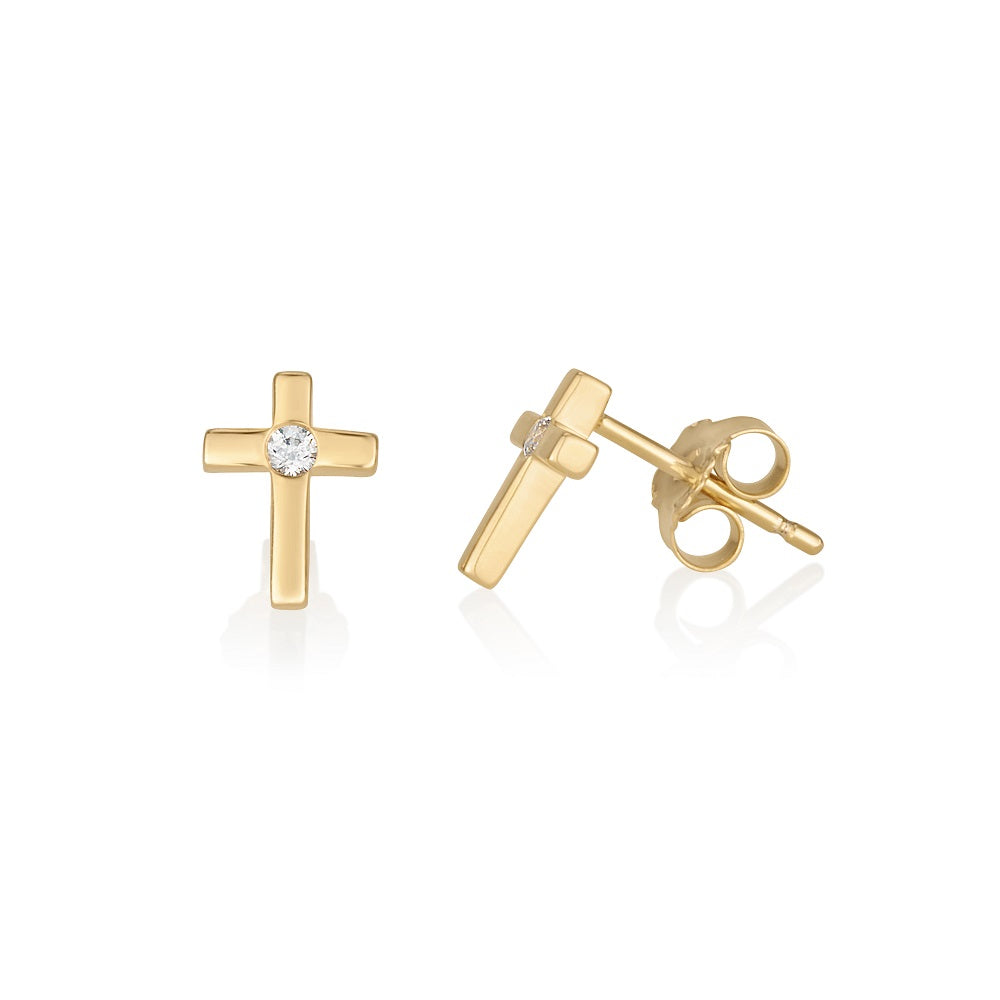 Gold cross stud earrings with zircon centre gold plated sterling silver — Marina Jewelry Holy Land