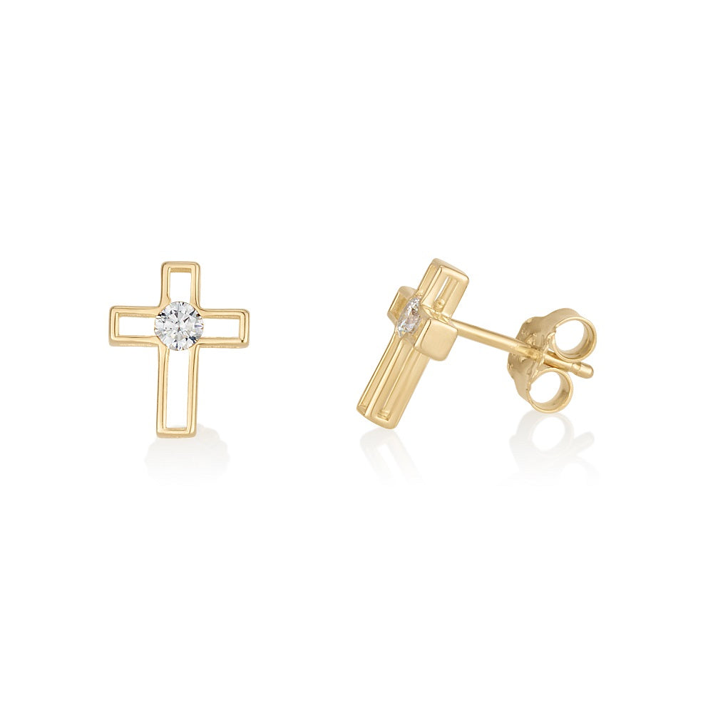 Open frame gold cross zircon stud earrings gold plated sterling silver — Marina Jewelry Holy Land