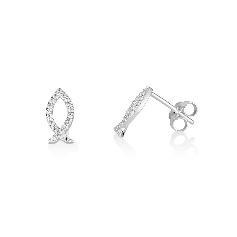 Pavé zircon Ichthus fish stud earrings sterling silver open frame — Marina Jewelry Holy Land