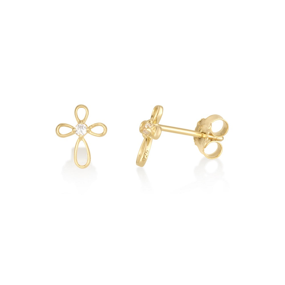 Floral cross zircon stud earrings gold plated sterling silver petal loops — Marina Jewelry Holy Land