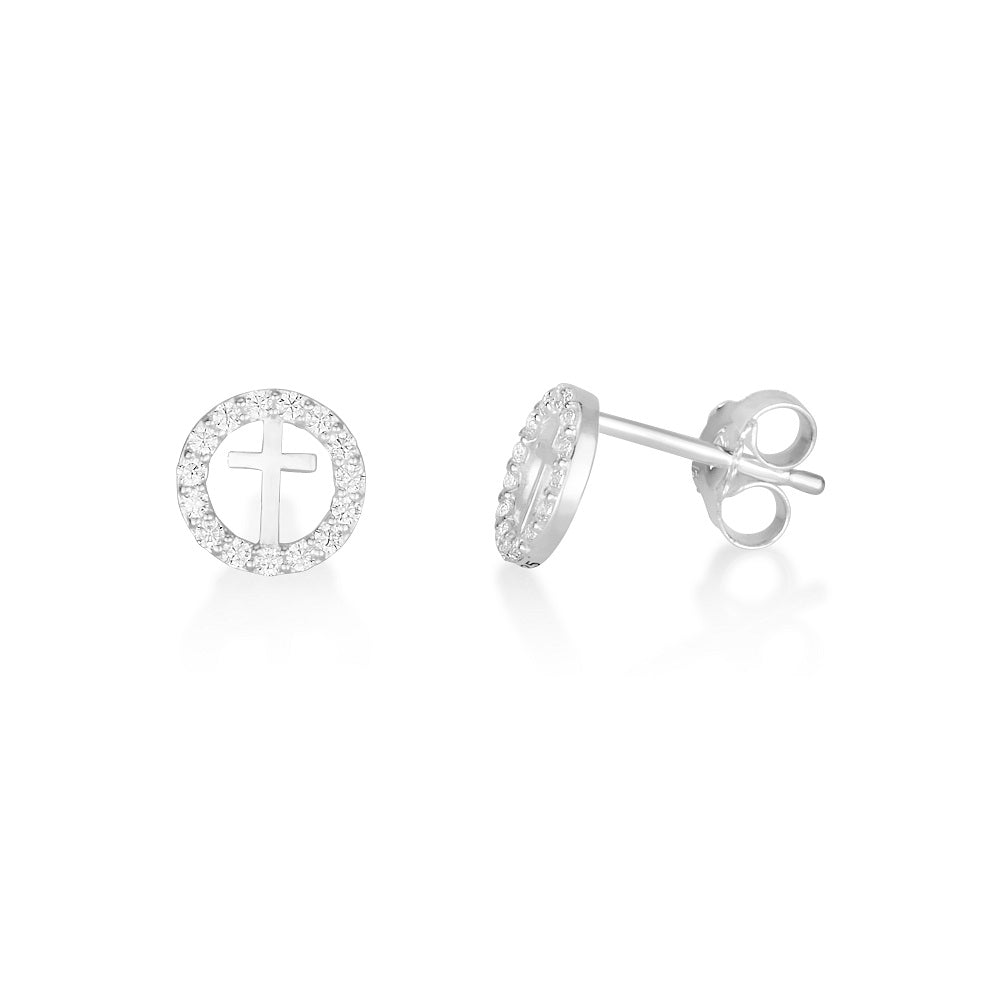 Halo cross zircon stud earrings sterling silver pavé circle — Marina Jewelry Holy Land
