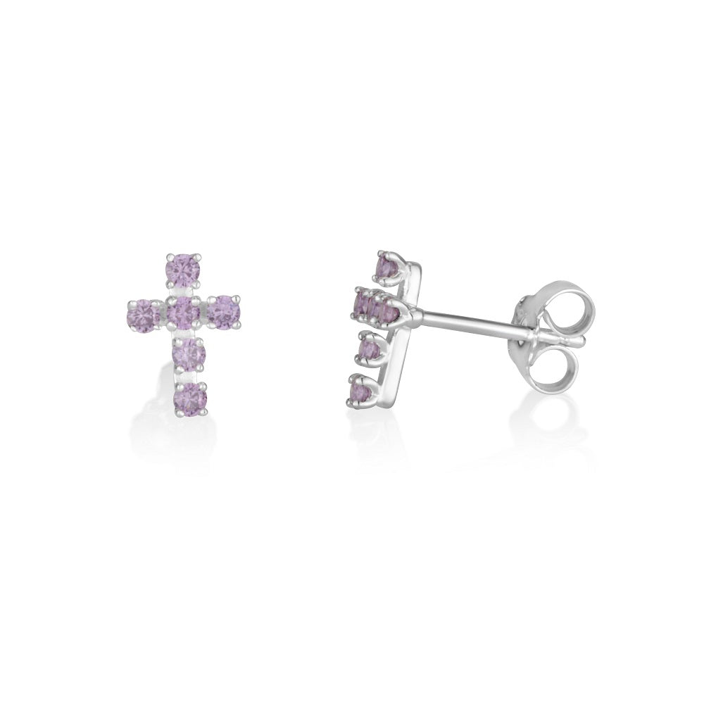 amethyst cross stud earrings sterling silver claw-set — Marina Jewelry Holy Land