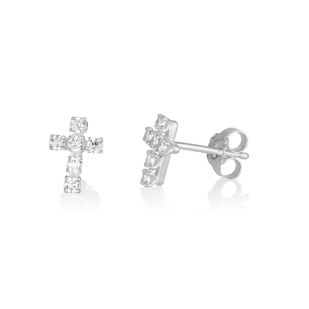white zircon cross stud earrings sterling silver claw-set — Marina Jewelry Holy Land