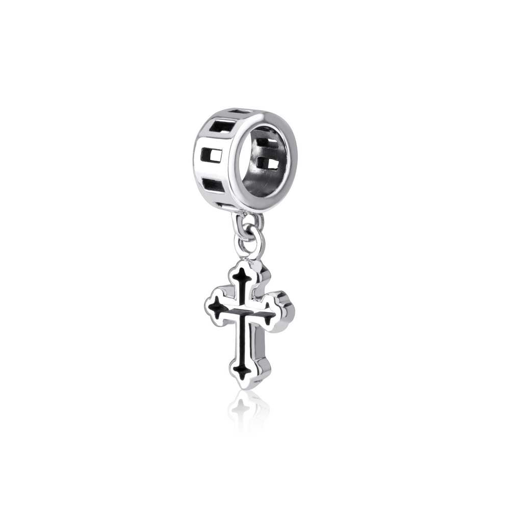 Slim Cross Hanging Bead Charm - Sterling Silver Holy Land - Marina Jewelry Holy Land