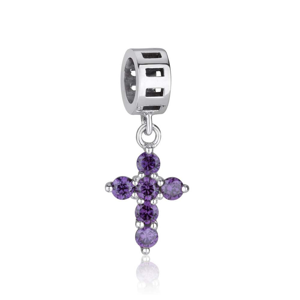 Amethyst Cross Hanging Charm - Sterling Silver Holy Land - Marina Jewelry Holy Land