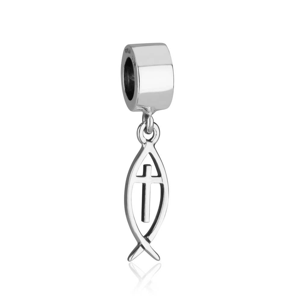 Ichthus Fish with Cross Hanging Charm Sterling Silver — Marina Jewelry Holy Land