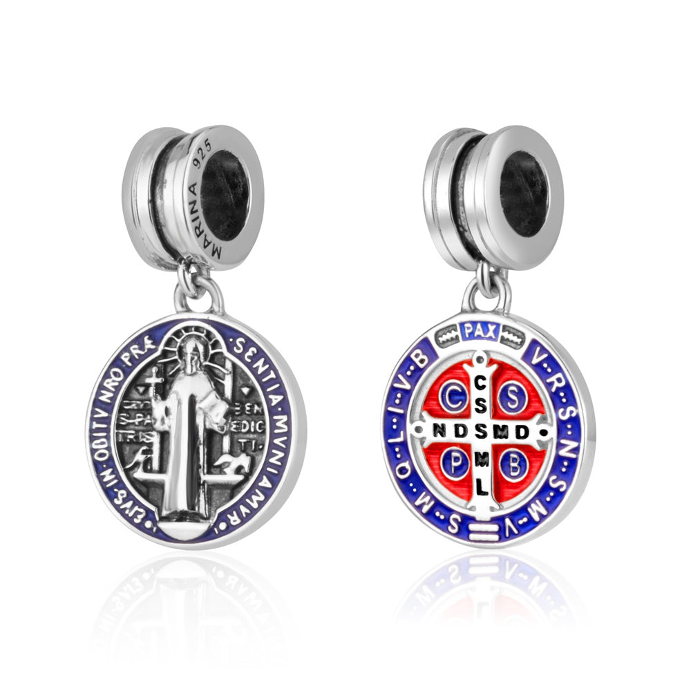 Saint Benedict Medal Dangle Charm Blue Red Enamel Sterling Silver Holy Land - Marina Jewelry