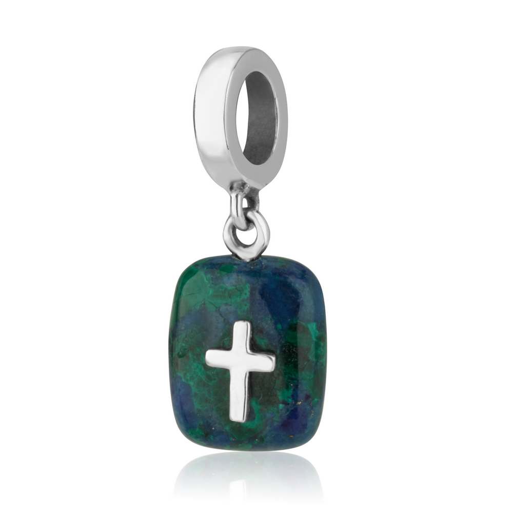 Eilat Stone Cross Charm - Sterling Silver Rectangular Pendant - Marina Jewelry Holy Land