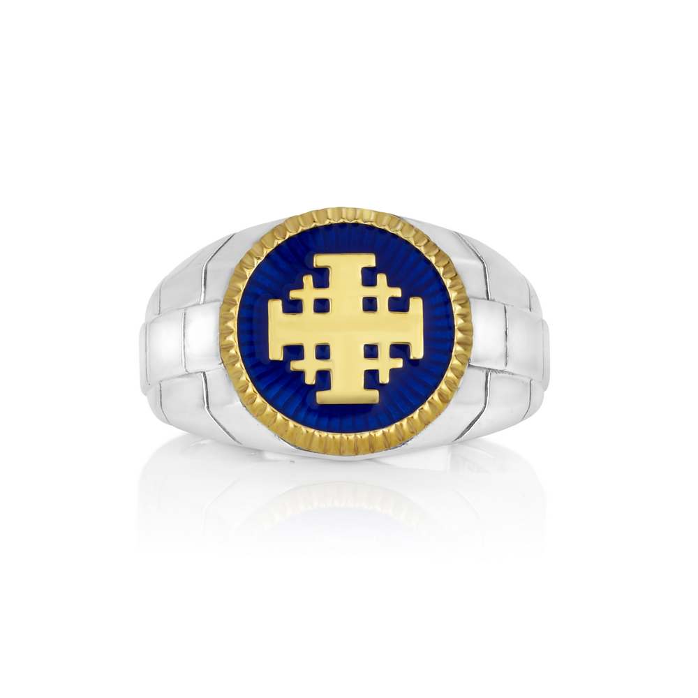 Jerusalem Engraved Cross Ring, Gold Enamel, Men's