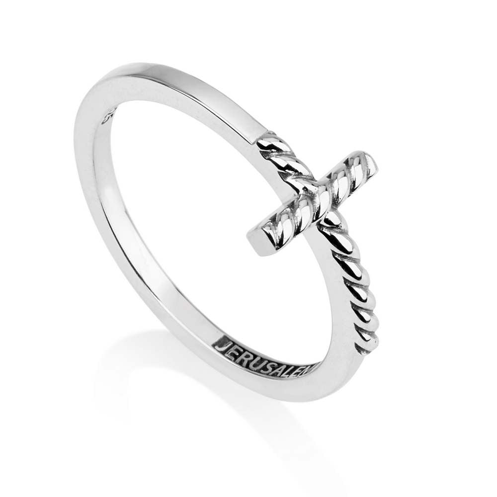 Jerusalem twisted rope cross ring sterling silver engraved - Marina Jewelry Holy Land