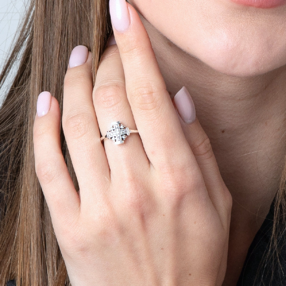 925 Sterling Silver Ring with Jerusalem Cross and Zircon Stones