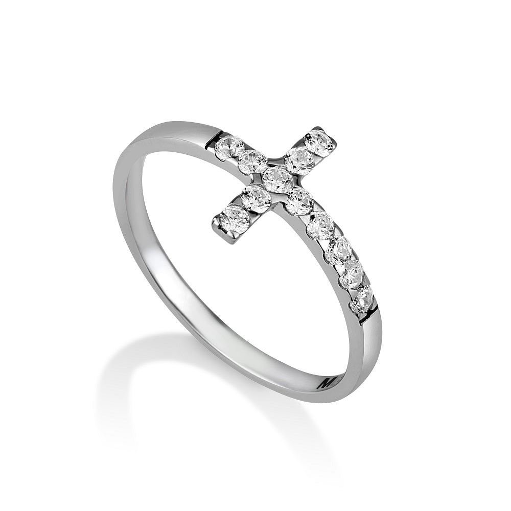 Pavé sideways cross ring sterling silver white zircon stones - Marina Jewelry Holy Land