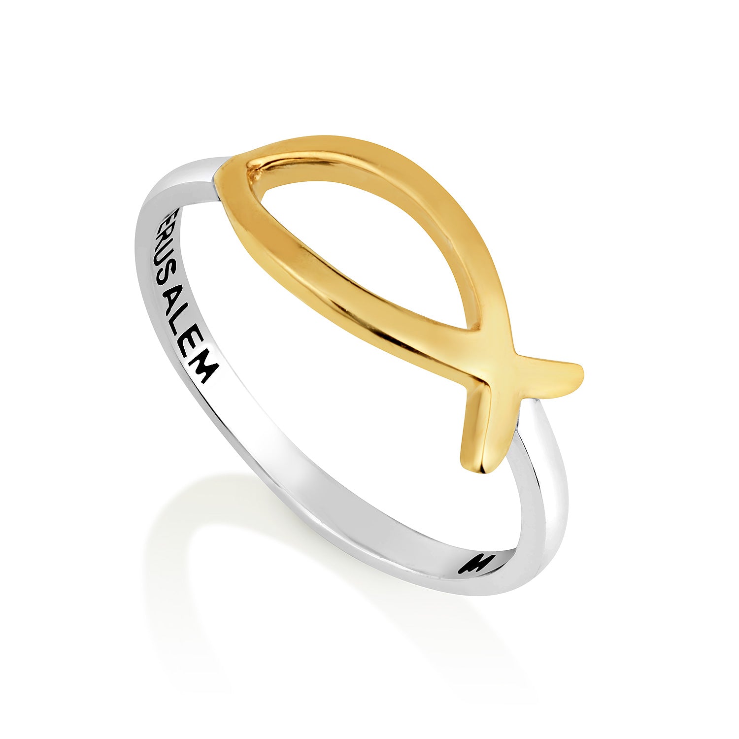 Ichthus Fish Ring - Gold-Plated Sterling Silver with Jerusalem Engraving - Marina Jewelry Holy Land