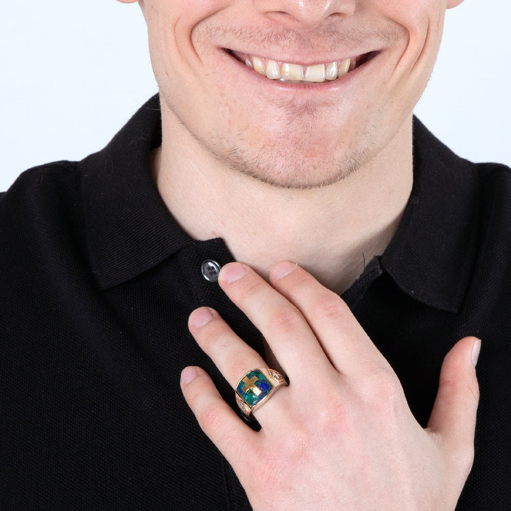 Sterling Silver Eilat Stone Gold-Plated  Cross Men’s Ring made in the Holy Land - Marina Jewelry Holy Land-2