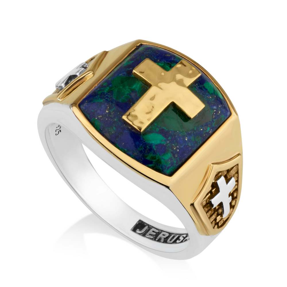 Sterling Silver Eilat Stone Gold-Plated  Cross Men’s Ring made in the Holy Land - Marina Jewelry Holy Land
