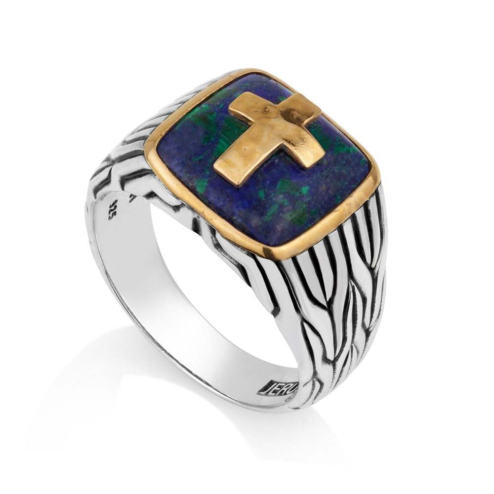 Men Silver Ring Eilat Stone Gold Cross Engraved Jerusalem Holy Land Jewelry New - Marina Jewelry Holy Land