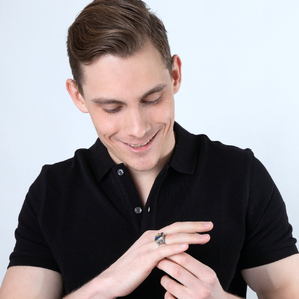 Men Silver Ring Eilat Stone Gold Cross Engraved Jerusalem Holy Land Jewelry New - Marina Jewelry Holy Land-3