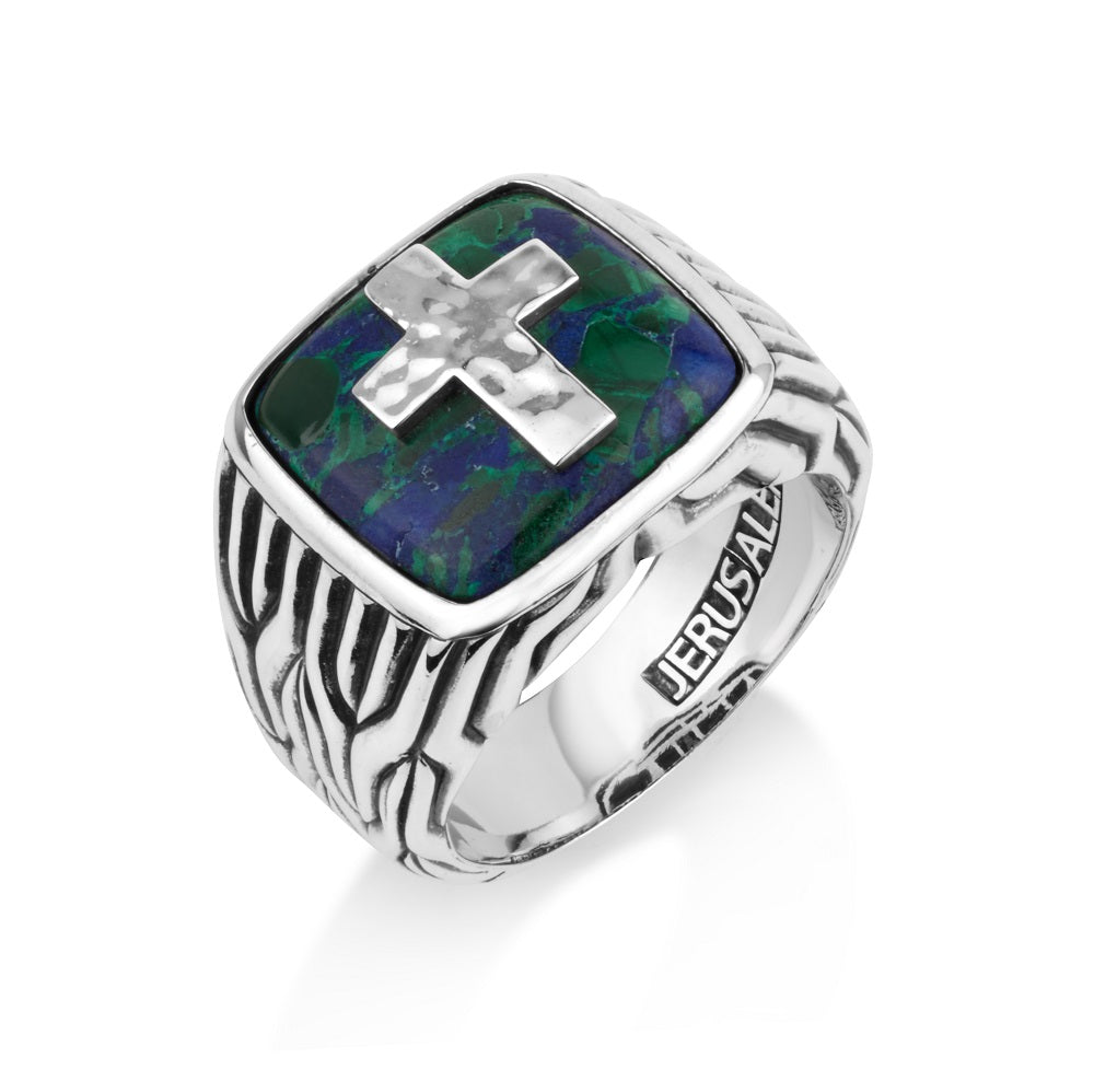 Men's Eilat Stone Cross Signet Ring - Sterling Silver with Oxidized Detail - Marina Jewelry Holy Land