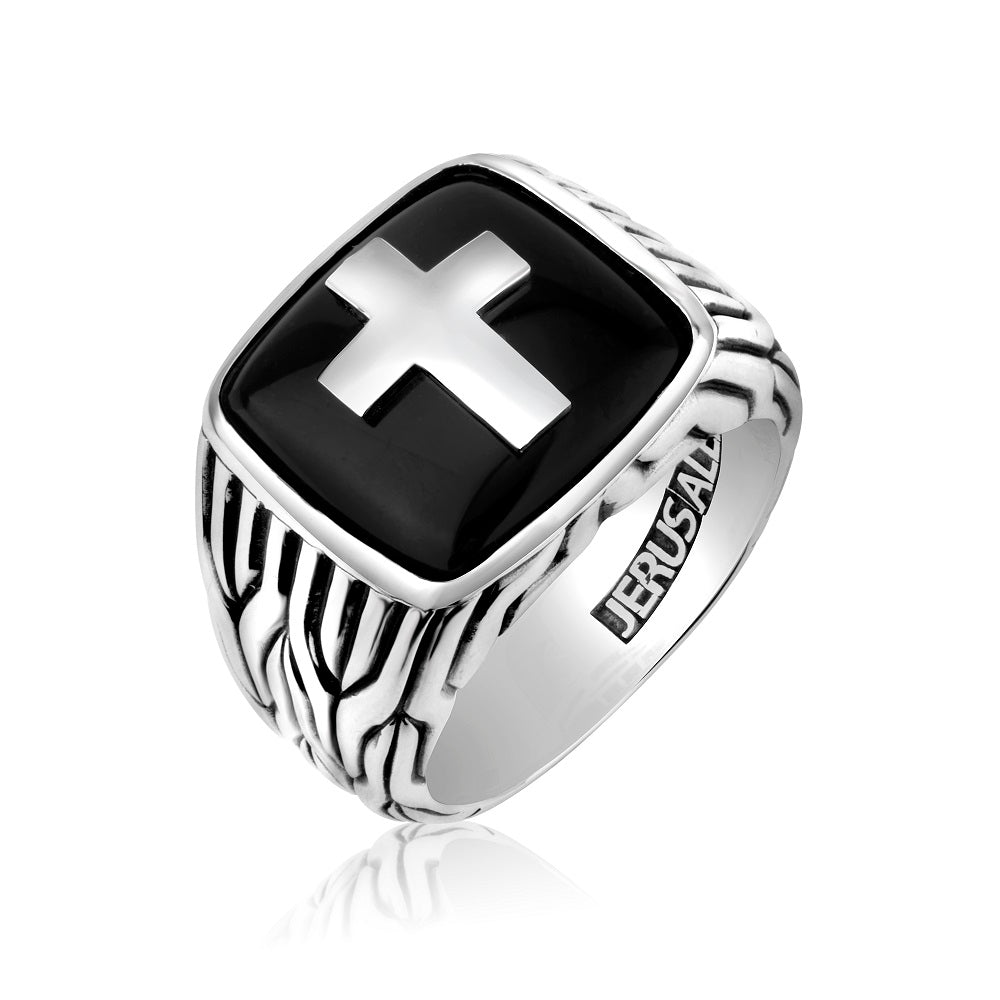 Men's Onyx Cross Signet Ring - Sterling Silver with Oxidized Detail - Marina Jewelry Holy Land