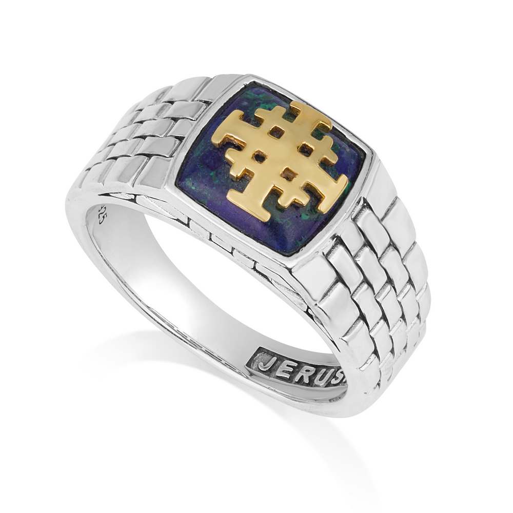 925 Men's Sterling Silver Ring with Azurite Stone and Gold-Plated Jerusalem Cross