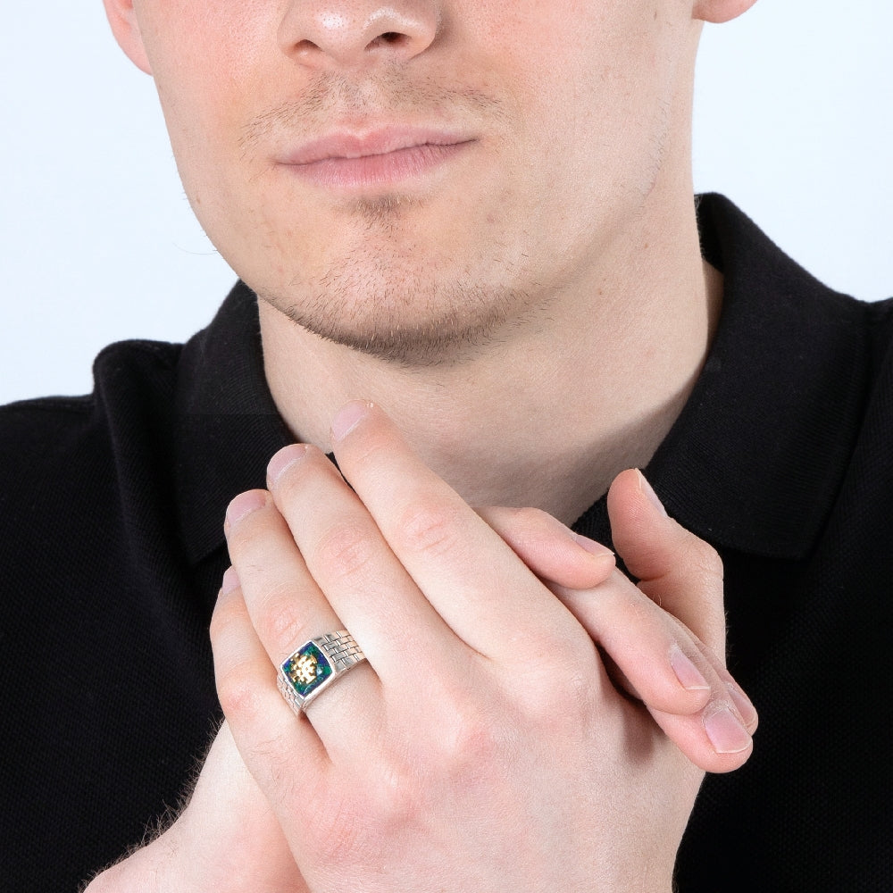 925 Men's Sterling Silver Ring with Azurite Stone and Gold-Plated Jerusalem Cross, Holy Land