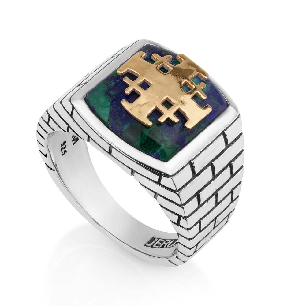 925 Men's Silver Ring with Azurite Stone and Gold-Plated Jerusalem Cross