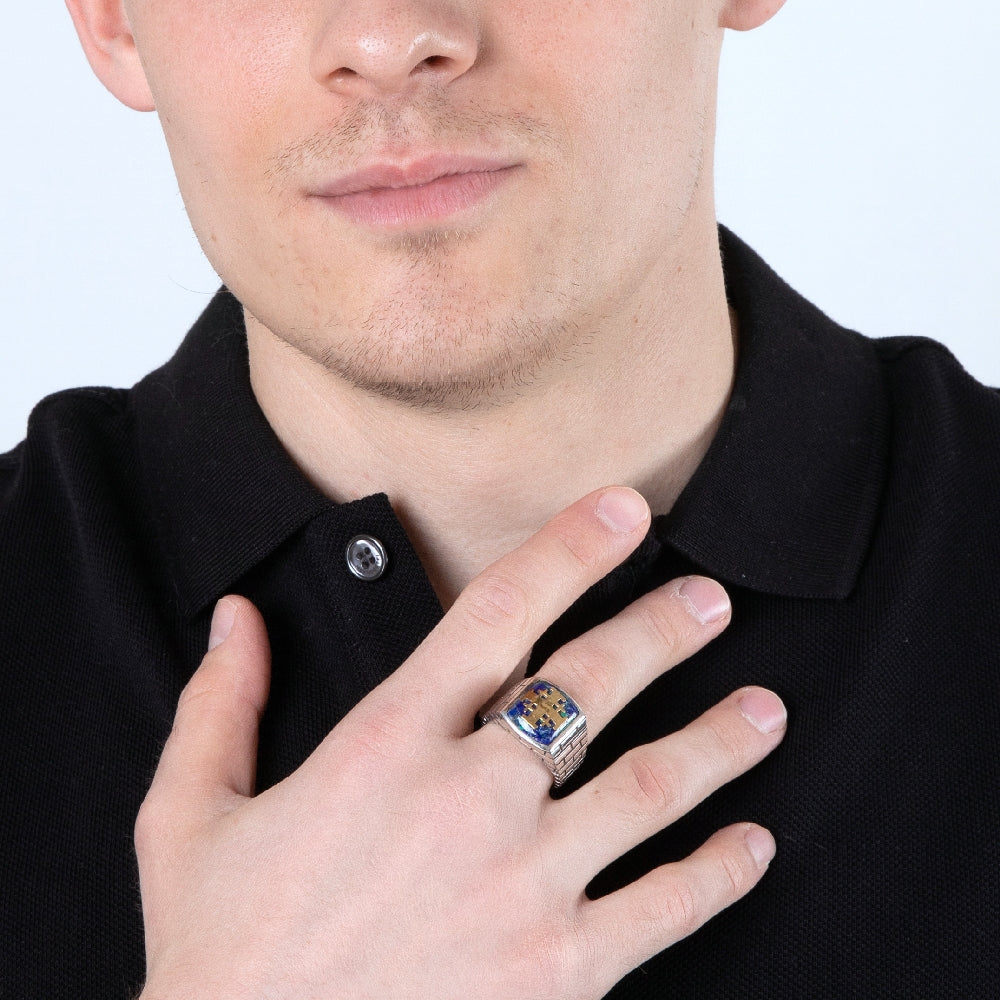 925 Men's Silver Ring with Azurite Stone and Gold-Plated Jerusalem Cross, Holy Land