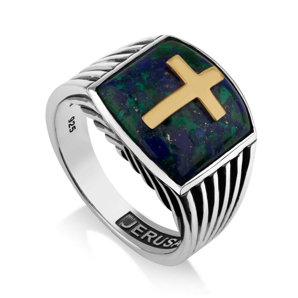 Men Christian Silver Ring Gold Plated Cross Eilat Jerusalem Engraved Jewelry New - Marina Jewelry Holy Land