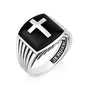 Men's Onyx Cross Signet Ring - Sterling Silver Architectural Band - Marina Jewelry Holy Land