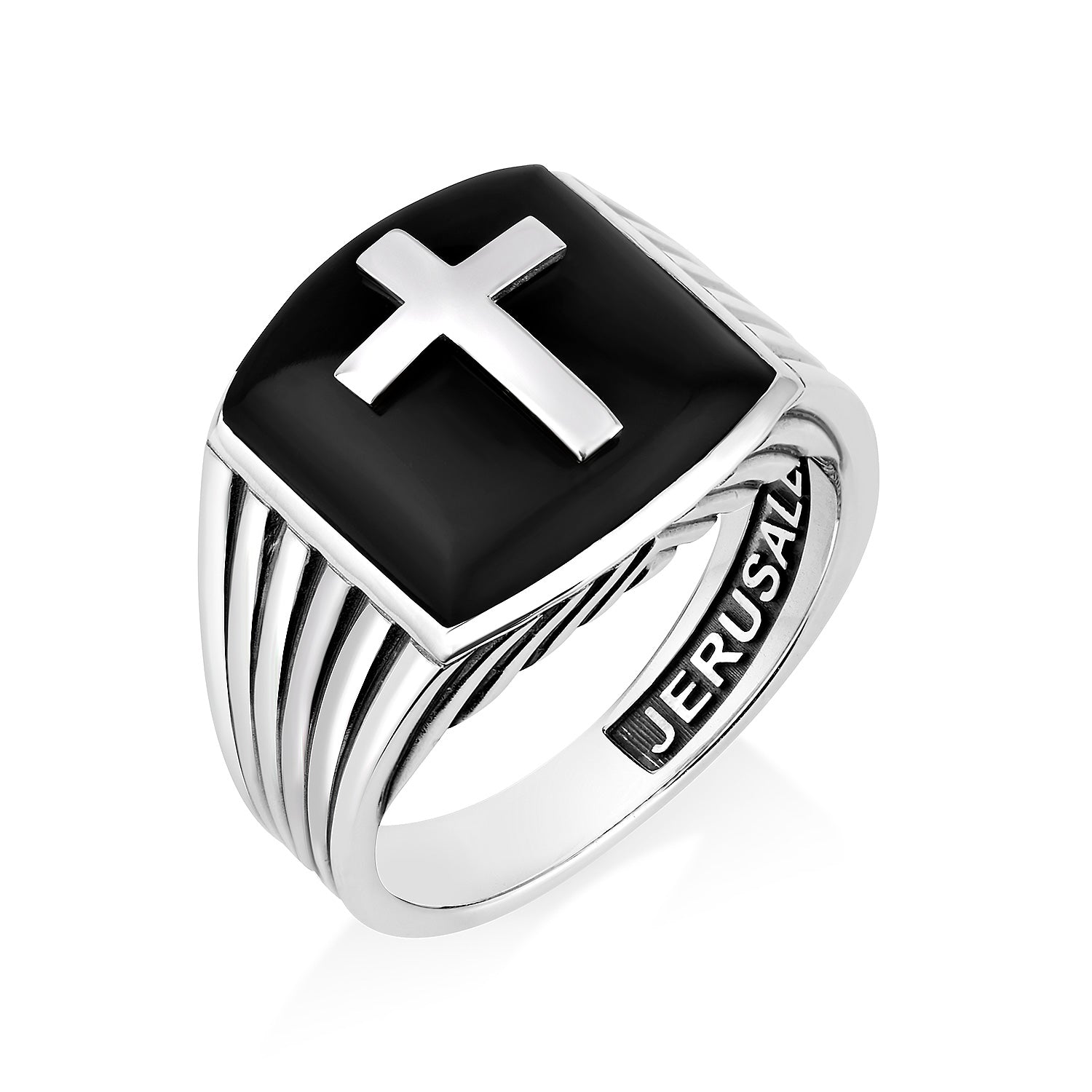 Men's Onyx Cross Signet Ring - Sterling Silver Architectural Band - Marina Jewelry Holy Land
