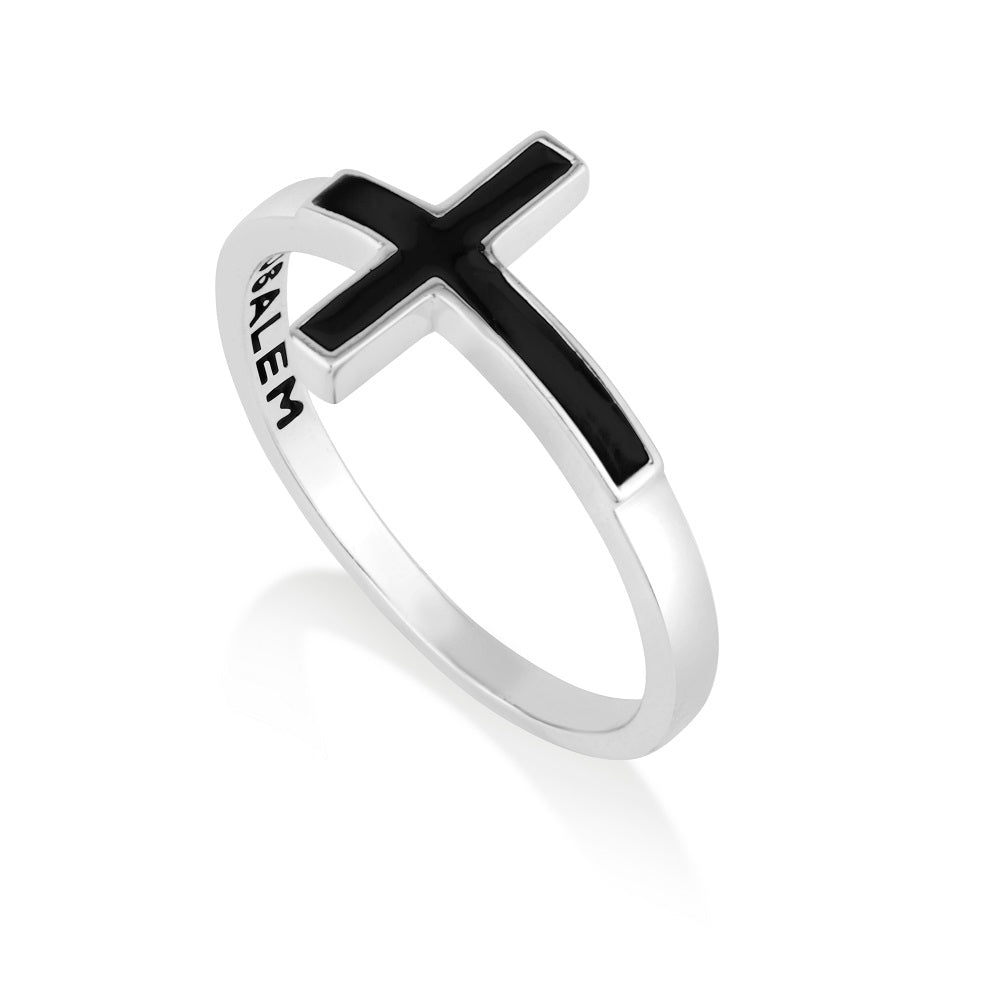 Black Enamel Sideways Cross Ring - Sterling Silver - Marina Jewelry Holy Land