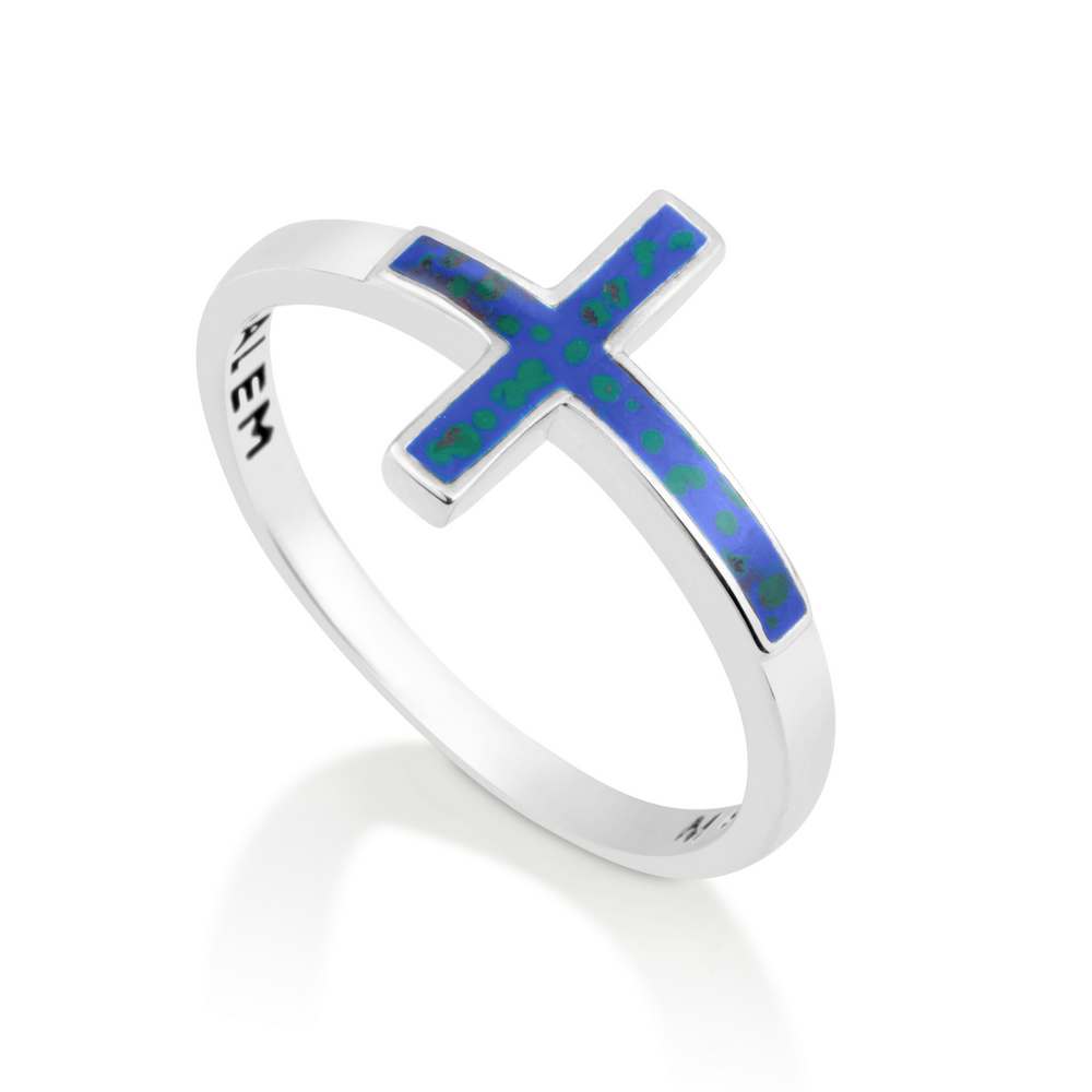 Christian Cross Ring Silver Sterling Enamel Jerusalem Engraved Holy Land Jewelry - Marina Jewelry Holy Land
