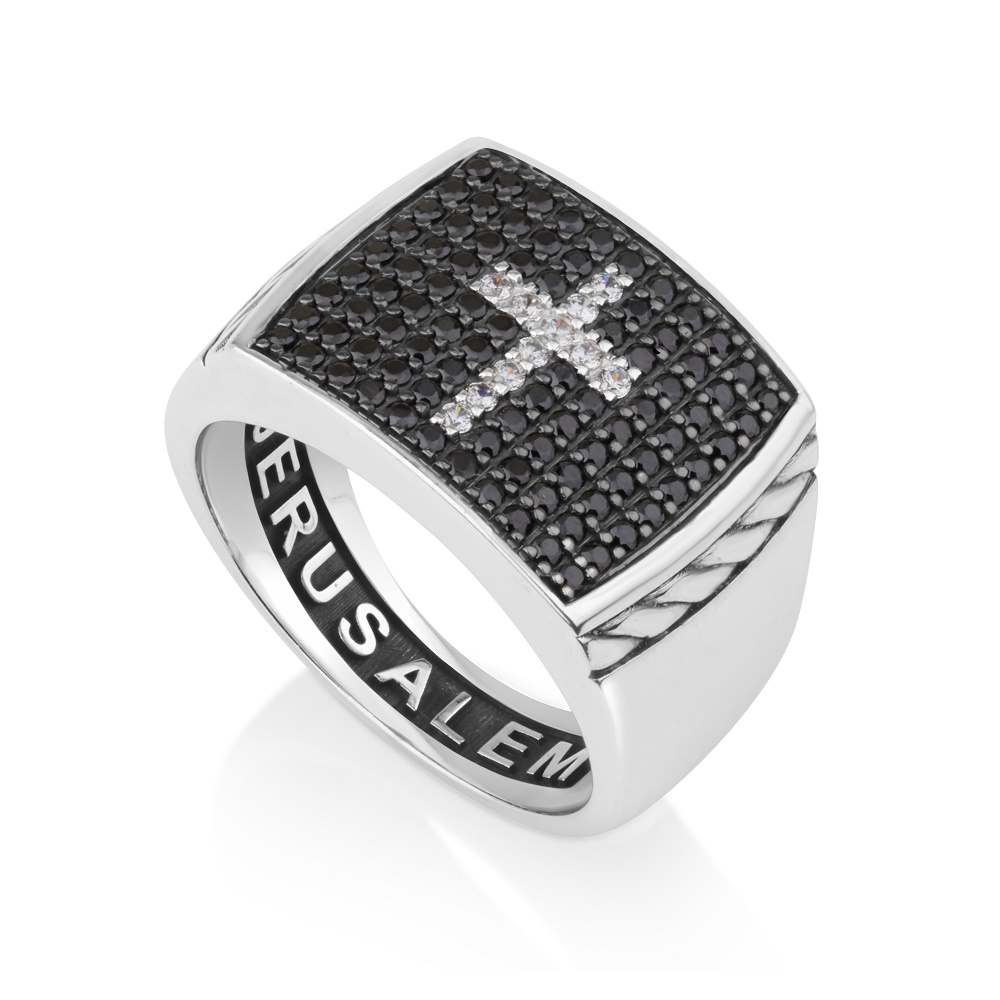 Men Silver Ring Cross Zircon Stones Jerusalem Engraved Holy Land Jewelry Gift - Marina Jewelry Holy Land