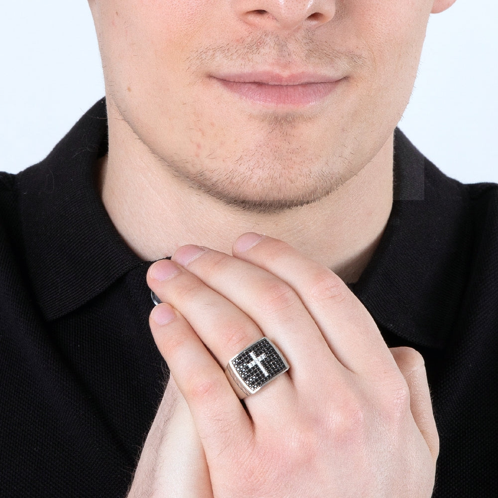 Men Silver Ring Cross Zircon Stones Jerusalem Engraved Holy Land Jewelry Gift - Marina Jewelry Holy Land-4