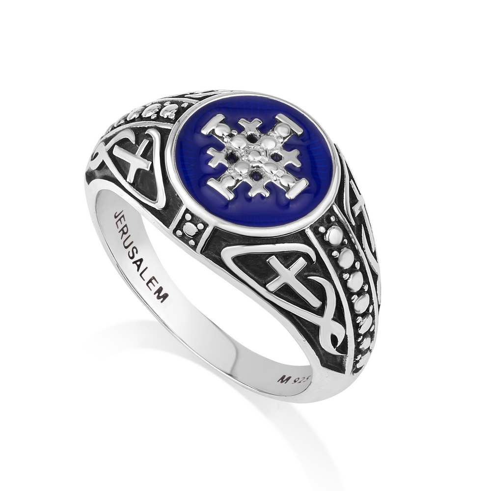 Jerusalem Engraved Cross Ring Blue Enamel Oxidized
