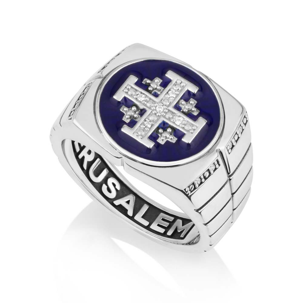 Jerusalem Engraved Cross Ring Blue Enamel Oxidized