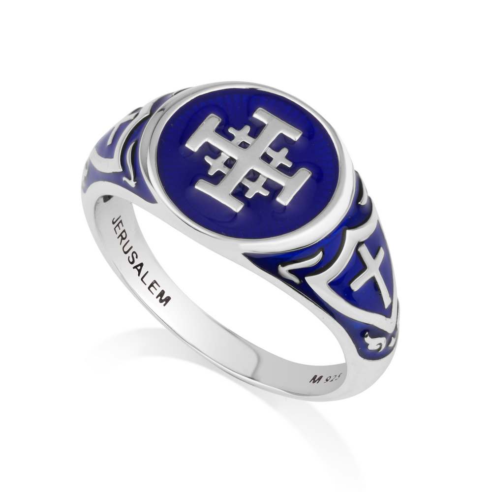 Jerusalem Engraved Blue Enamel Ring Sterling Silver