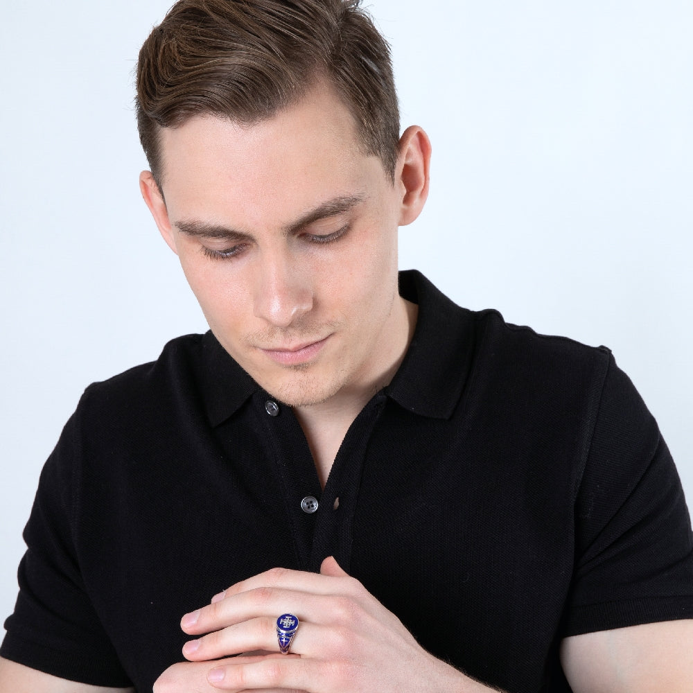 Jerusalem Engraved Blue Enamel Ring, Sterling Silver