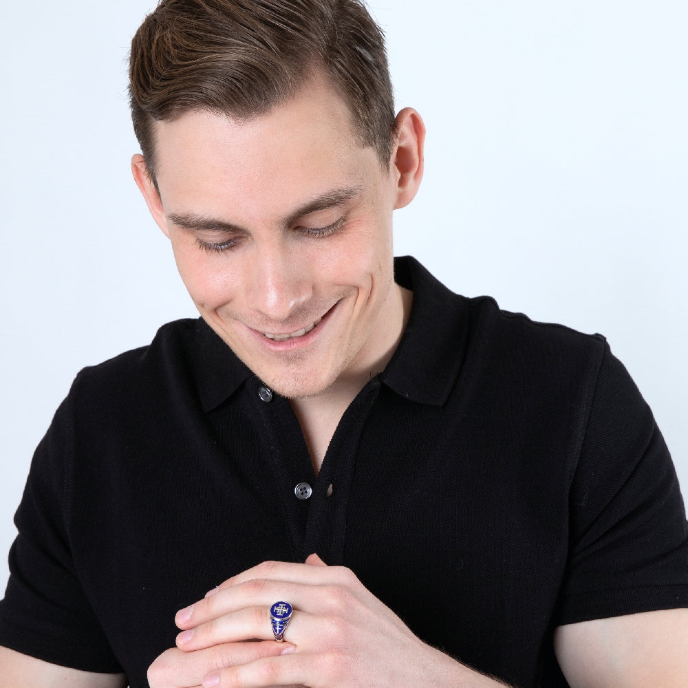 Jerusalem Engraved Blue Enamel Ring, Sterling Silver