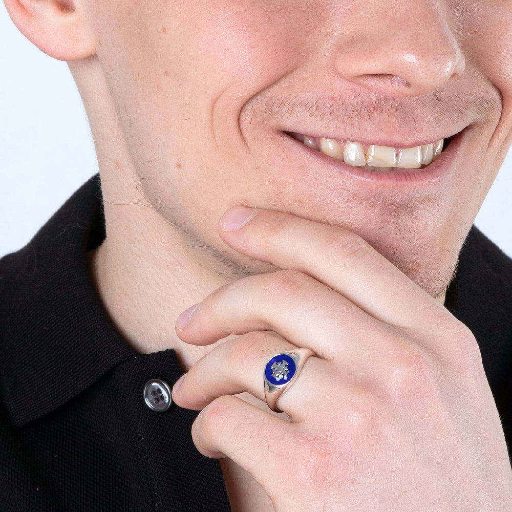 925 Sterling Silver Ring with Blue Enamel Jerusalem Cross, Holy Land