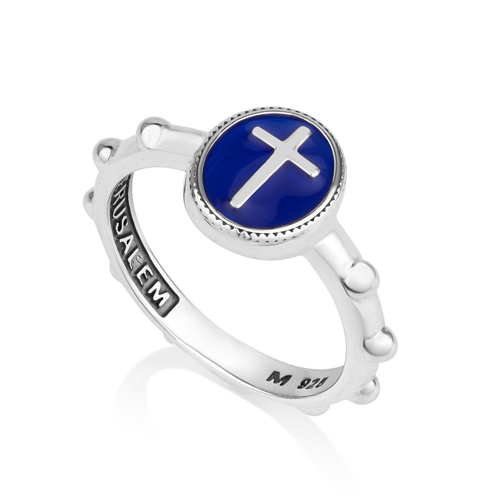 Blue Enamel Cross Rosary Ring - Sterling Silver - Marina Jewelry Holy Land