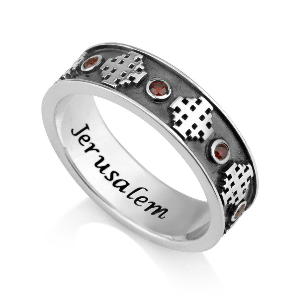 Engraved Silver Ring with Jerusalem Inscription and Ruby Stones