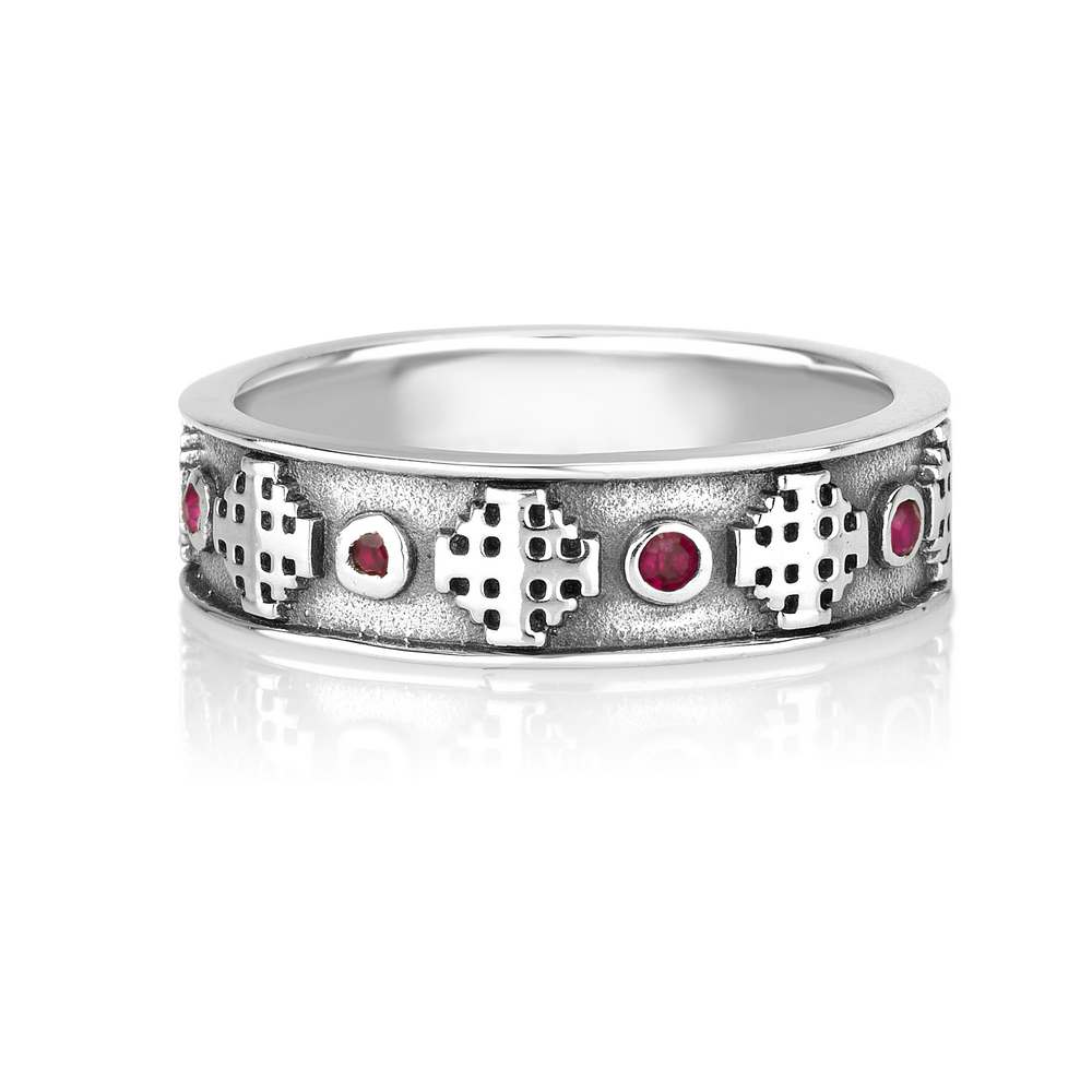 Engraved Sterling Silver Ring with Jerusalem Inscription and Ruby Stones