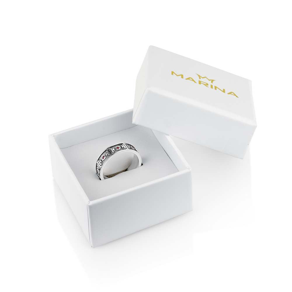 Engraved Sterling Silver Ring with Jerusalem Inscription and Ruby Stones